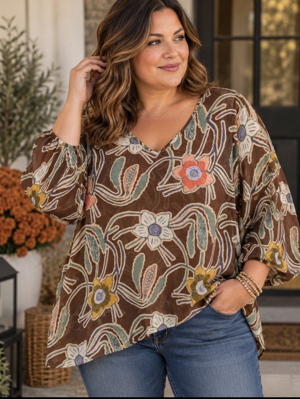 Suzanne Betro Simple Boho Floral Blouse Brown 3/4 Sleeve lightweight Top sz 2X